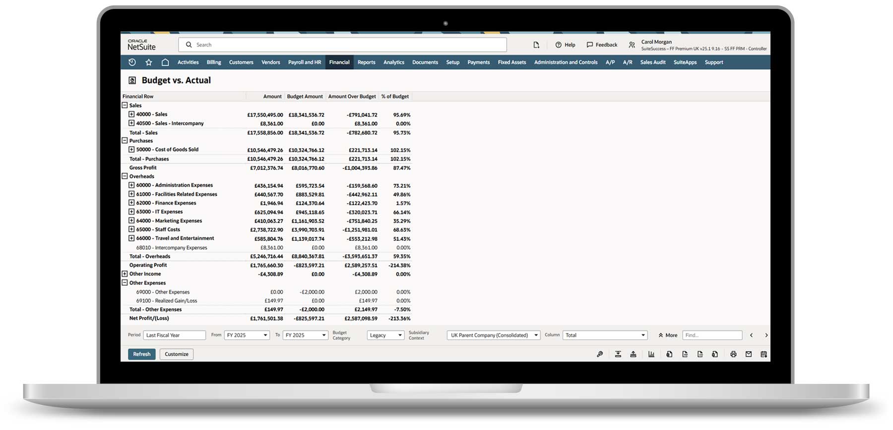 NetSuite ERP Laptop with NetSuite ERP on the screen: The dashboard immediately shows where the budget has been exceeded or underspent. Deviations are clearly visible, making it easier to control financial planning.