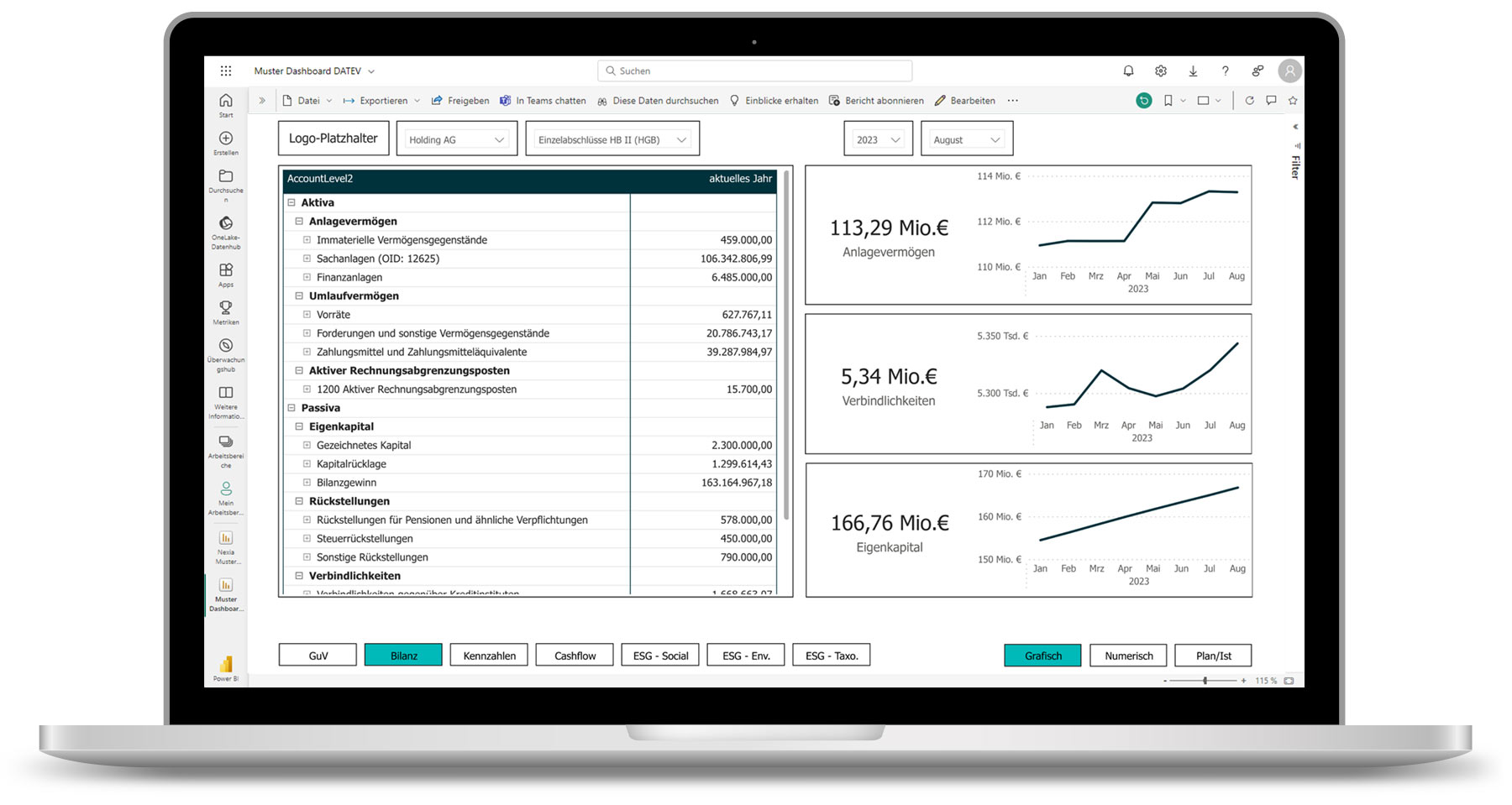 Laptop with Microsoft Power BI dashboard on the screen: Graphical presentation of the balance sheet at the individual financial statement level in tabular form and with time series charts